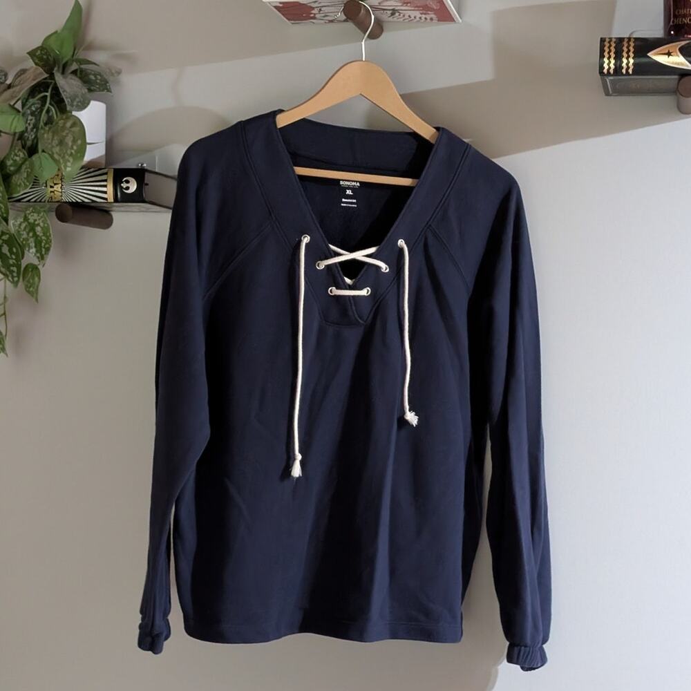 Sonoma Women's Lace Up Hooded Pullover Navy Blue Sweatshirt Size L